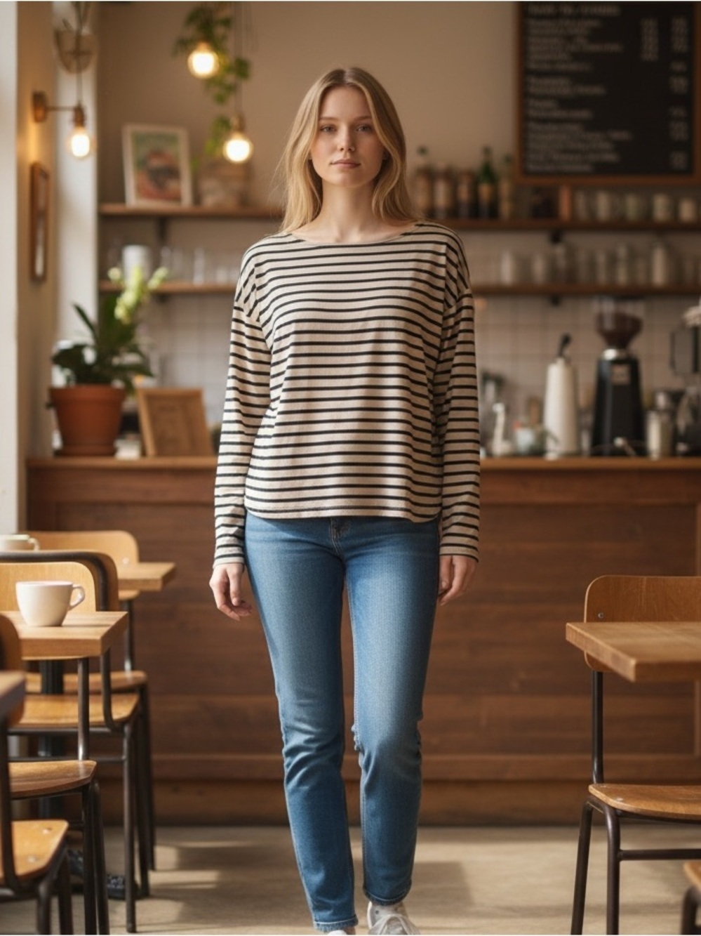 Madewell Striped Long-Sleeve Boat Neck Tee Black & Tan Size Small #2194